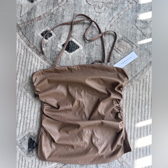Topshop halter ruched leather look top in camel - Picture 9 of 10